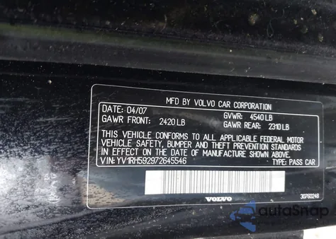 2007 Volvo S60 2.5T from USA, damaged, VIN YV1RH592972645546